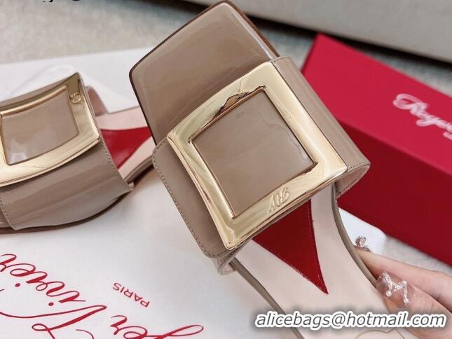 Grade Quality Roger Vivier Love Metal Buckle Slide Sandals 4.5cm in Patent Leather Grey 082698