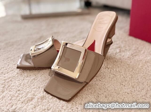 Grade Quality Roger Vivier Love Metal Buckle Slide Sandals 4.5cm in Patent Leather Grey 082698