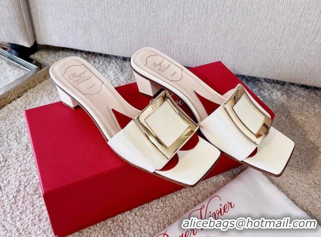 Perfect Roger Vivier Love Metal Buckle Slide Sandals 4.5cm in Patent Leather White 082699