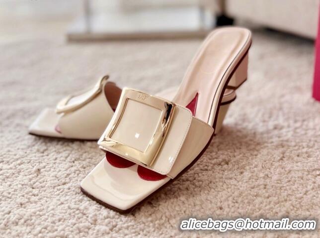 Perfect Roger Vivier Love Metal Buckle Slide Sandals 4.5cm in Patent Leather White 082699