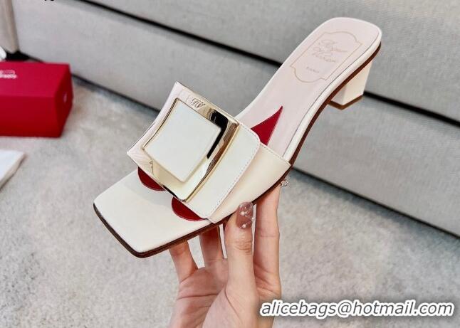 Perfect Roger Vivier Love Metal Buckle Slide Sandals 4.5cm in Patent Leather White 082699