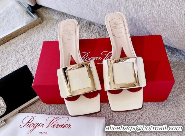 Perfect Roger Vivier Love Metal Buckle Slide Sandals 4.5cm in Patent Leather White 082699