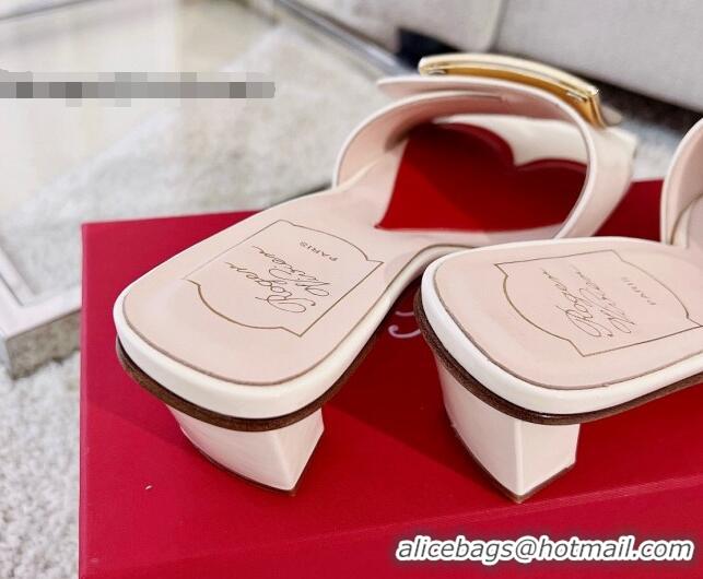 Perfect Roger Vivier Love Metal Buckle Slide Sandals 4.5cm in Patent Leather White 082699