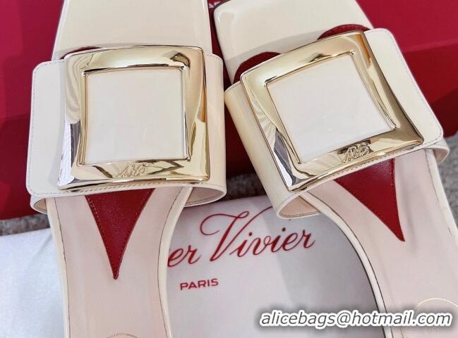 Perfect Roger Vivier Love Metal Buckle Slide Sandals 4.5cm in Patent Leather White 082699