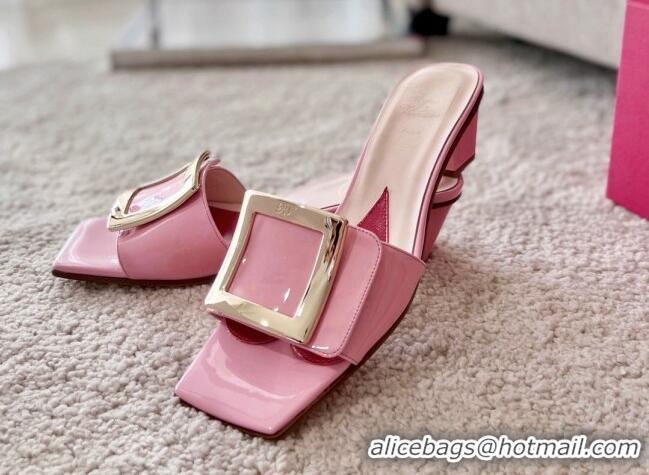 Duplicate Roger Vivier Love Metal Buckle Slide Sandals 4.5cm in Patent Leather Pink 0826100