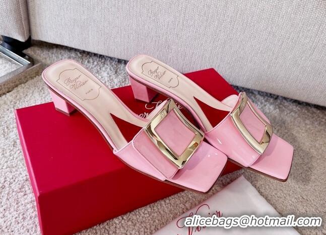 Duplicate Roger Vivier Love Metal Buckle Slide Sandals 4.5cm in Patent Leather Pink 0826100