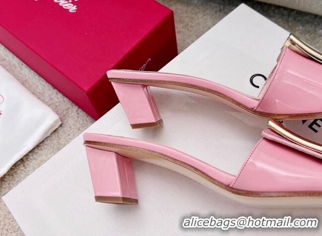 Duplicate Roger Vivier Love Metal Buckle Slide Sandals 4.5cm in Patent Leather Pink 0826100