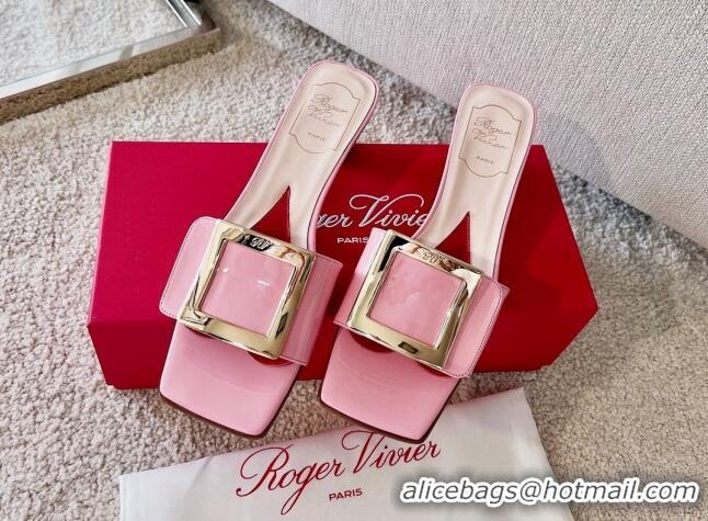 Duplicate Roger Vivier Love Metal Buckle Slide Sandals 4.5cm in Patent Leather Pink 0826100