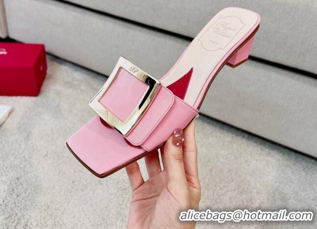 Duplicate Roger Vivier Love Metal Buckle Slide Sandals 4.5cm in Patent Leather Pink 0826100