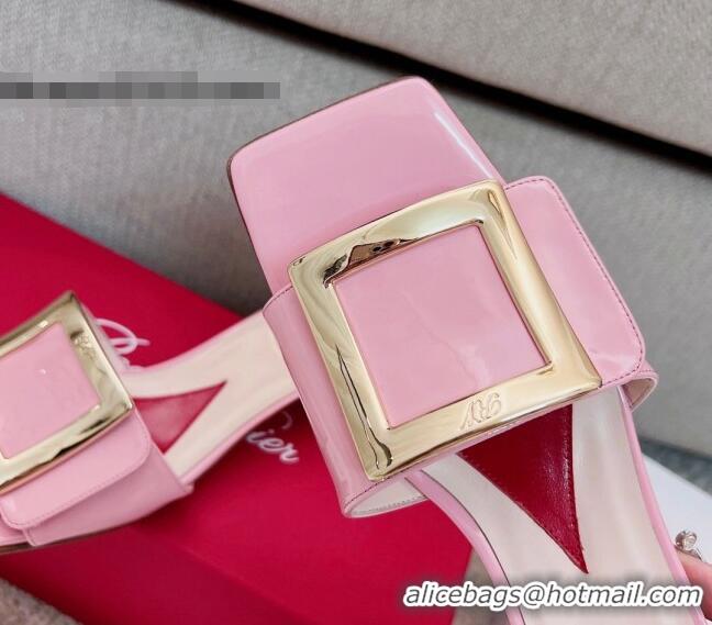 Duplicate Roger Vivier Love Metal Buckle Slide Sandals 4.5cm in Patent Leather Pink 0826100