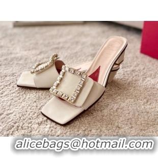 Low Cost Roger Vivier Love Crystal Buckle Slide Sandals 4.5cm in Calf Leather White 082701