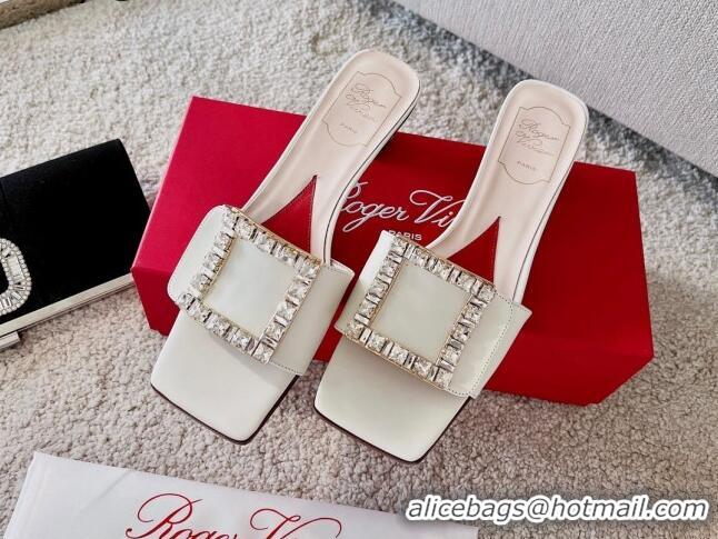 Low Cost Roger Vivier Love Crystal Buckle Slide Sandals 4.5cm in Calf Leather White 082701