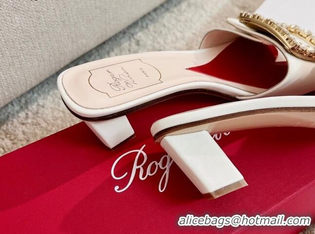 Low Cost Roger Vivier Love Crystal Buckle Slide Sandals 4.5cm in Calf Leather White 082701