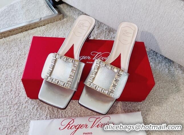 Lower Price Roger Vivier Love Crystal Buckle Slide Sandals 4.5cm in Calf Leather Silver 2082702