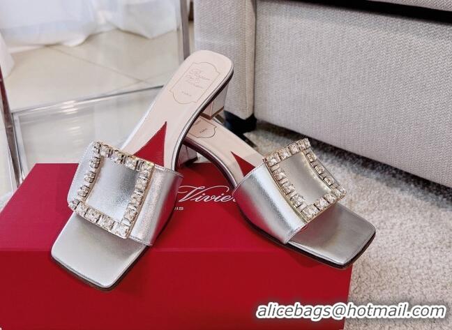 Lower Price Roger Vivier Love Crystal Buckle Slide Sandals 4.5cm in Calf Leather Silver 2082702