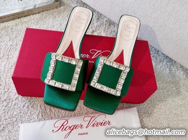 Best Grade Roger Vivier Love Crystal Buckle Slide Sandals 4.5cm in Green Silk 2082703