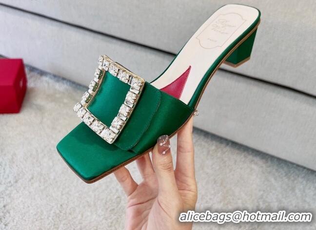 Best Grade Roger Vivier Love Crystal Buckle Slide Sandals 4.5cm in Green Silk 2082703