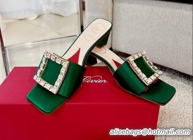 Best Grade Roger Vivier Love Crystal Buckle Slide Sandals 4.5cm in Green Silk 2082703