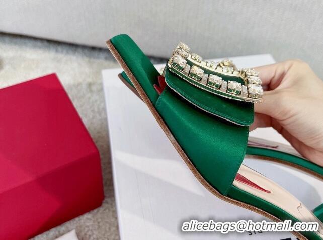 Best Grade Roger Vivier Love Crystal Buckle Slide Sandals 4.5cm in Green Silk 2082703