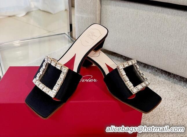 Low Price Roger Vivier Love Crystal Buckle Slide Sandals 4.5cm in Black Silk 2082704