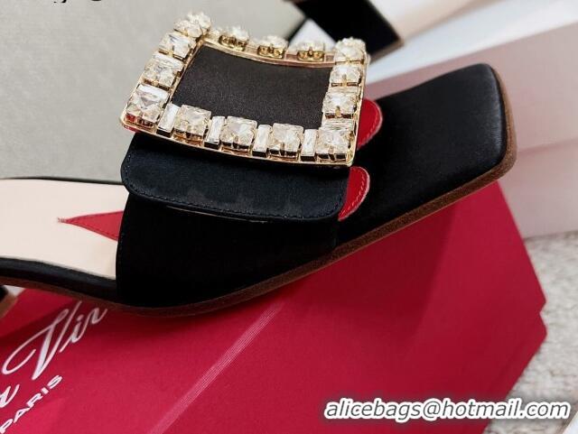 Low Price Roger Vivier Love Crystal Buckle Slide Sandals 4.5cm in Black Silk 2082704