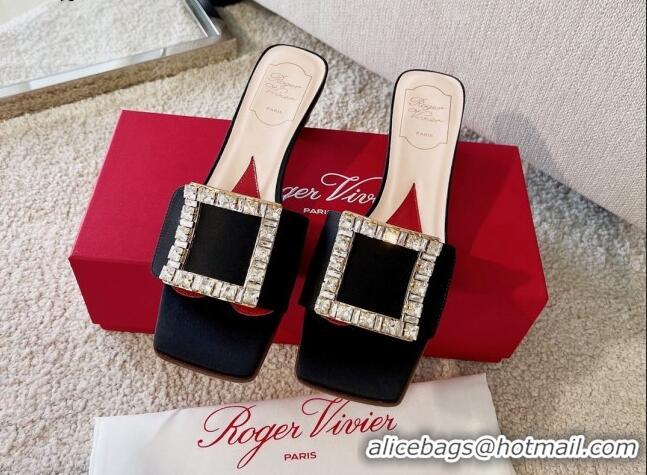 Low Price Roger Vivier Love Crystal Buckle Slide Sandals 4.5cm in Black Silk 2082704