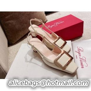 Good Quality Roger Vivier Love Metal Buckle Slingback Sandals 4.5cm in Patent Leather White 2082705