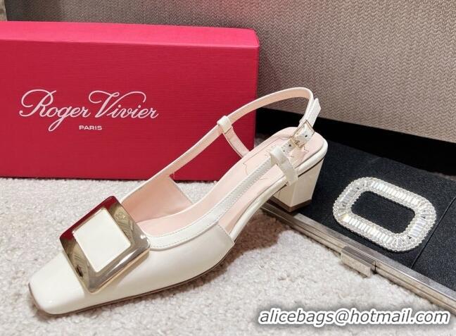 Good Quality Roger Vivier Love Metal Buckle Slingback Sandals 4.5cm in Patent Leather White 2082705