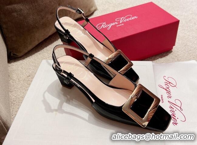 Lower Price Roger Vivier Love Metal Buckle Slingback Sandals 4.5cm in Patent Leather Black 082707