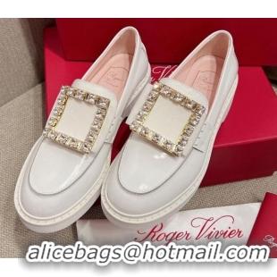 Good Product Roger Vivier Viv' Rangers Crystal Buckle Loafers in Patent Leather White 082708