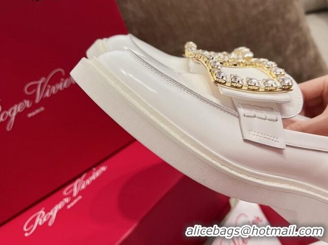 Good Product Roger Vivier Viv' Rangers Crystal Buckle Loafers in Patent Leather White 082708