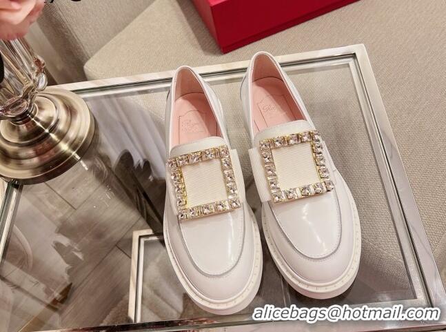 Good Product Roger Vivier Viv' Rangers Crystal Buckle Loafers in Patent Leather White 082708