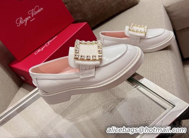 Good Product Roger Vivier Viv' Rangers Crystal Buckle Loafers in Patent Leather White 082708