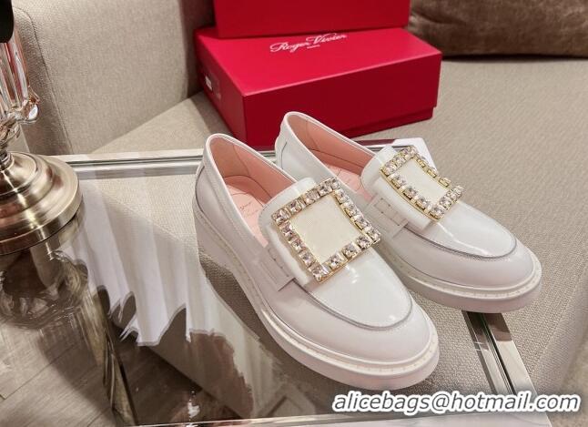 Good Product Roger Vivier Viv' Rangers Crystal Buckle Loafers in Patent Leather White 082708