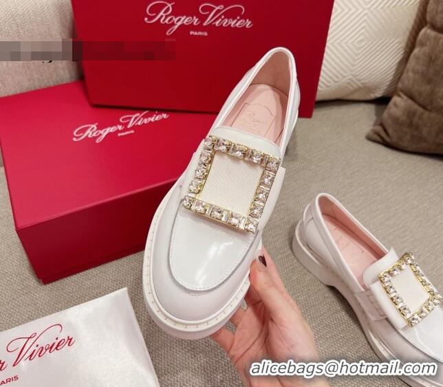 Good Product Roger Vivier Viv' Rangers Crystal Buckle Loafers in Patent Leather White 082708