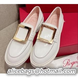 Grade Roger Vivier Viv' Rangers Metal Buckle Loafers in Patent Leather White 082709