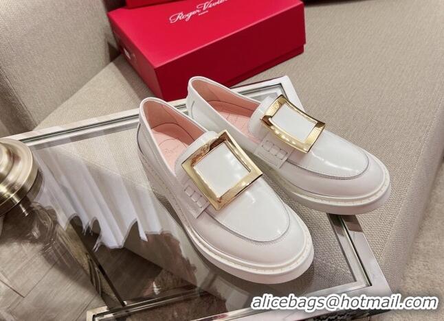 Grade Roger Vivier Viv' Rangers Metal Buckle Loafers in Patent Leather White 082709