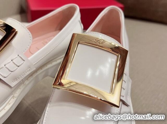 Grade Roger Vivier Viv' Rangers Metal Buckle Loafers in Patent Leather White 082709