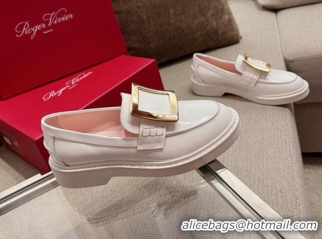 Grade Roger Vivier Viv' Rangers Metal Buckle Loafers in Patent Leather White 082709