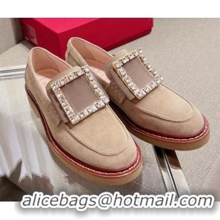 Discount Roger Vivier Viv' Rangers Crystal Buckle Loafers in Beige Suede 082713