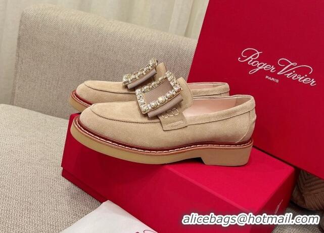 Discount Roger Vivier Viv' Rangers Crystal Buckle Loafers in Beige Suede 082713