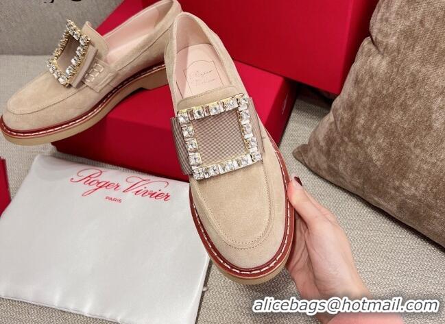 Discount Roger Vivier Viv' Rangers Crystal Buckle Loafers in Beige Suede 082713