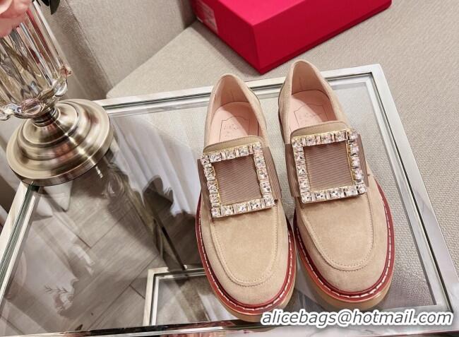 Discount Roger Vivier Viv' Rangers Crystal Buckle Loafers in Beige Suede 082713