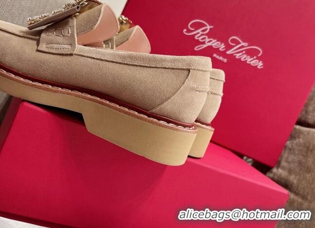 Discount Roger Vivier Viv' Rangers Crystal Buckle Loafers in Beige Suede 082713