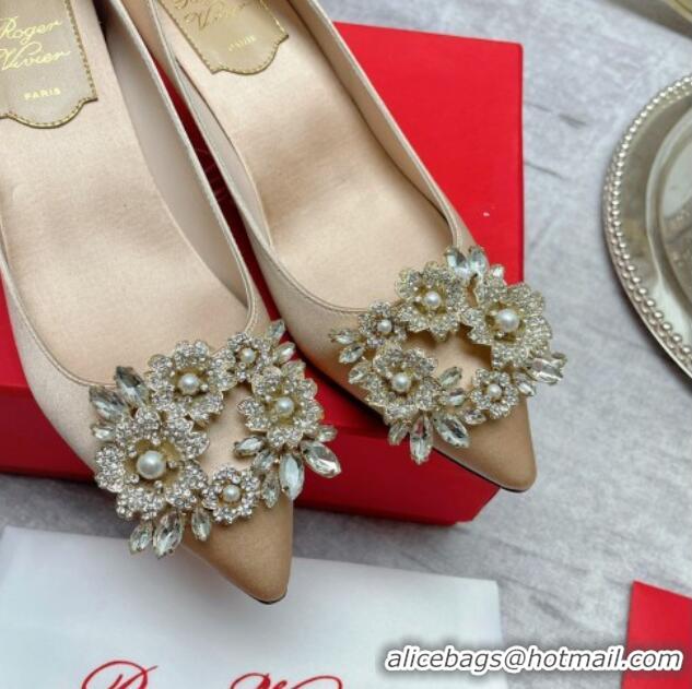 Luxury Discount Roger Vivier RV Bouquet Crystal Pearl Buckle Pumps in Silk 4.5cm Nude 101147