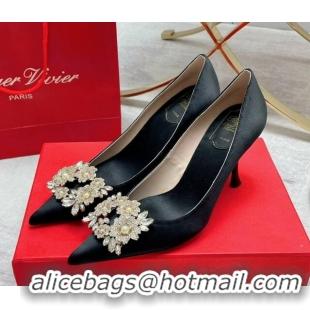 Unique Style Roger Vivier RV Bouquet Crystal Pearl Buckle Pumps in Silk 8.5cm Black 2101141