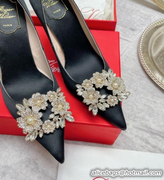 Unique Style Roger Vivier RV Bouquet Crystal Pearl Buckle Pumps in Silk 8.5cm Black 2101141