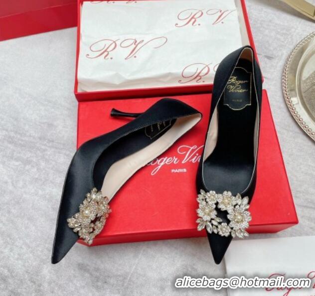 Unique Style Roger Vivier RV Bouquet Crystal Pearl Buckle Pumps in Silk 8.5cm Black 2101141