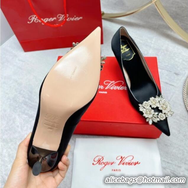 Unique Style Roger Vivier RV Bouquet Crystal Pearl Buckle Pumps in Silk 8.5cm Black 2101141