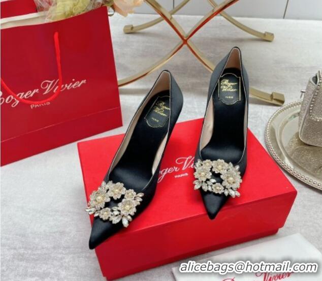 Unique Style Roger Vivier RV Bouquet Crystal Pearl Buckle Pumps in Silk 8.5cm Black 2101141